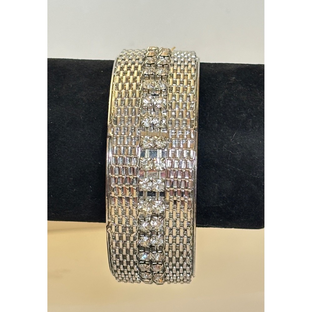 Vintage 1960s Rhinestone Mesh Bangle Bracelet Clear Stones Heavy